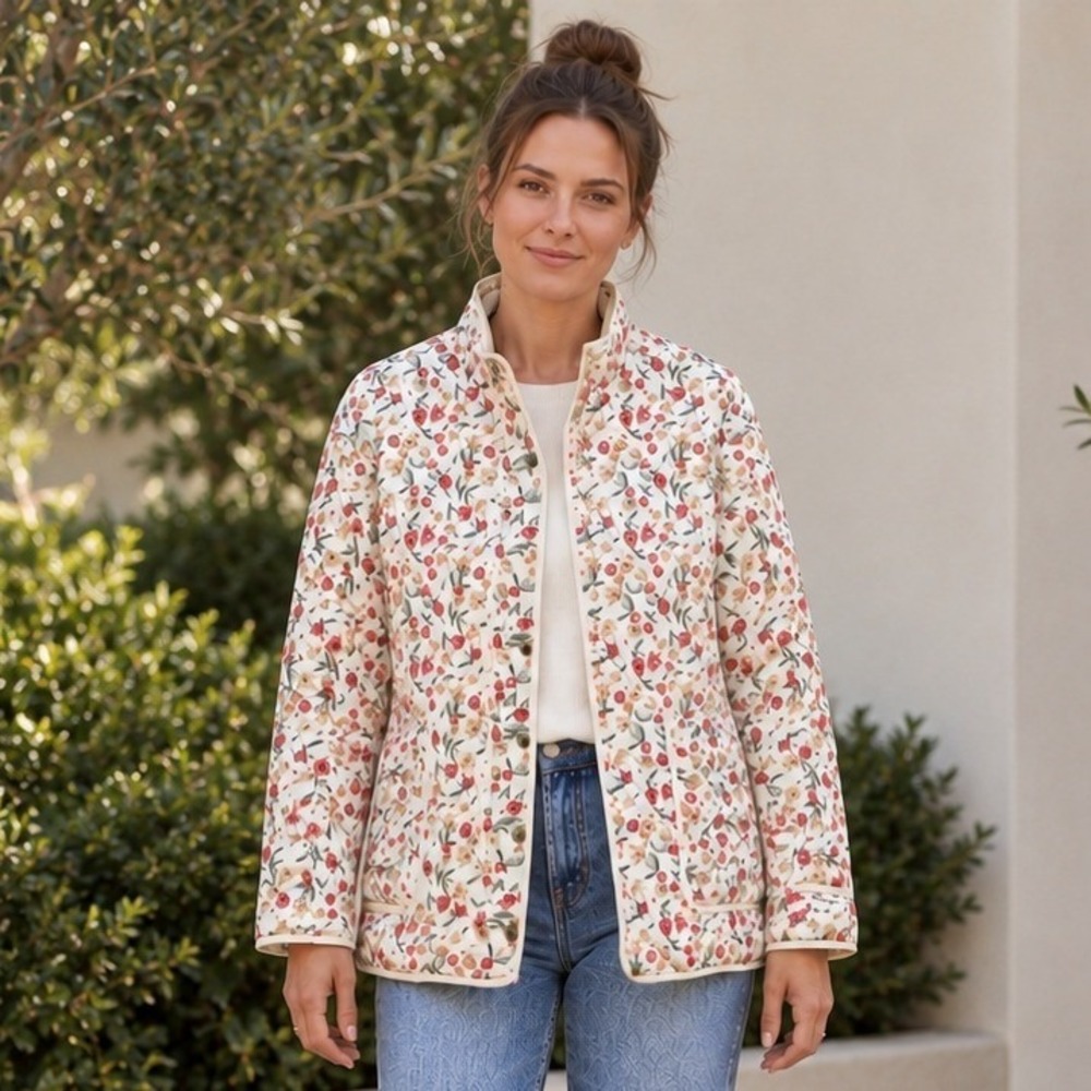 Draper James Womens Quilted Jacket L Ivory Floral Print Lightweight Cottagecore